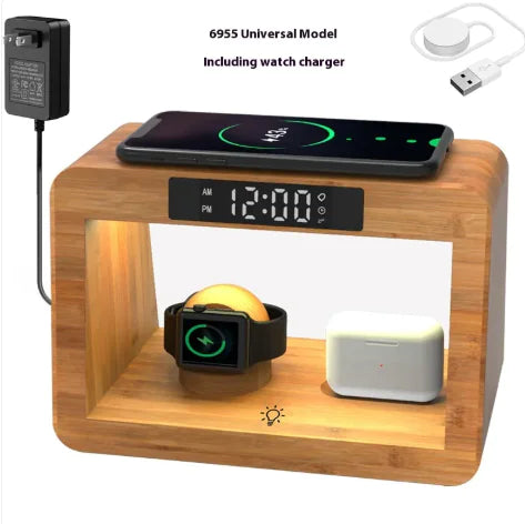 Multifunctional Bamboo Table Lamp Alarm Clock Wireless Charger