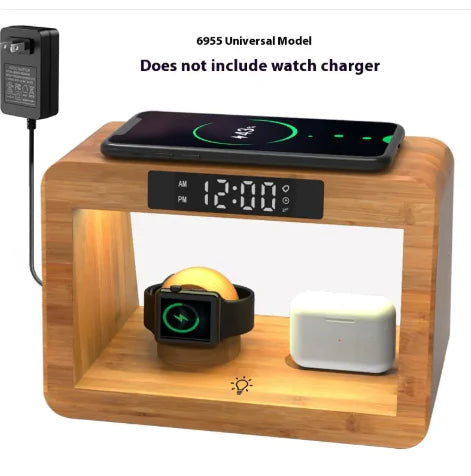 Multifunctional Bamboo Table Lamp Alarm Clock Wireless Charger